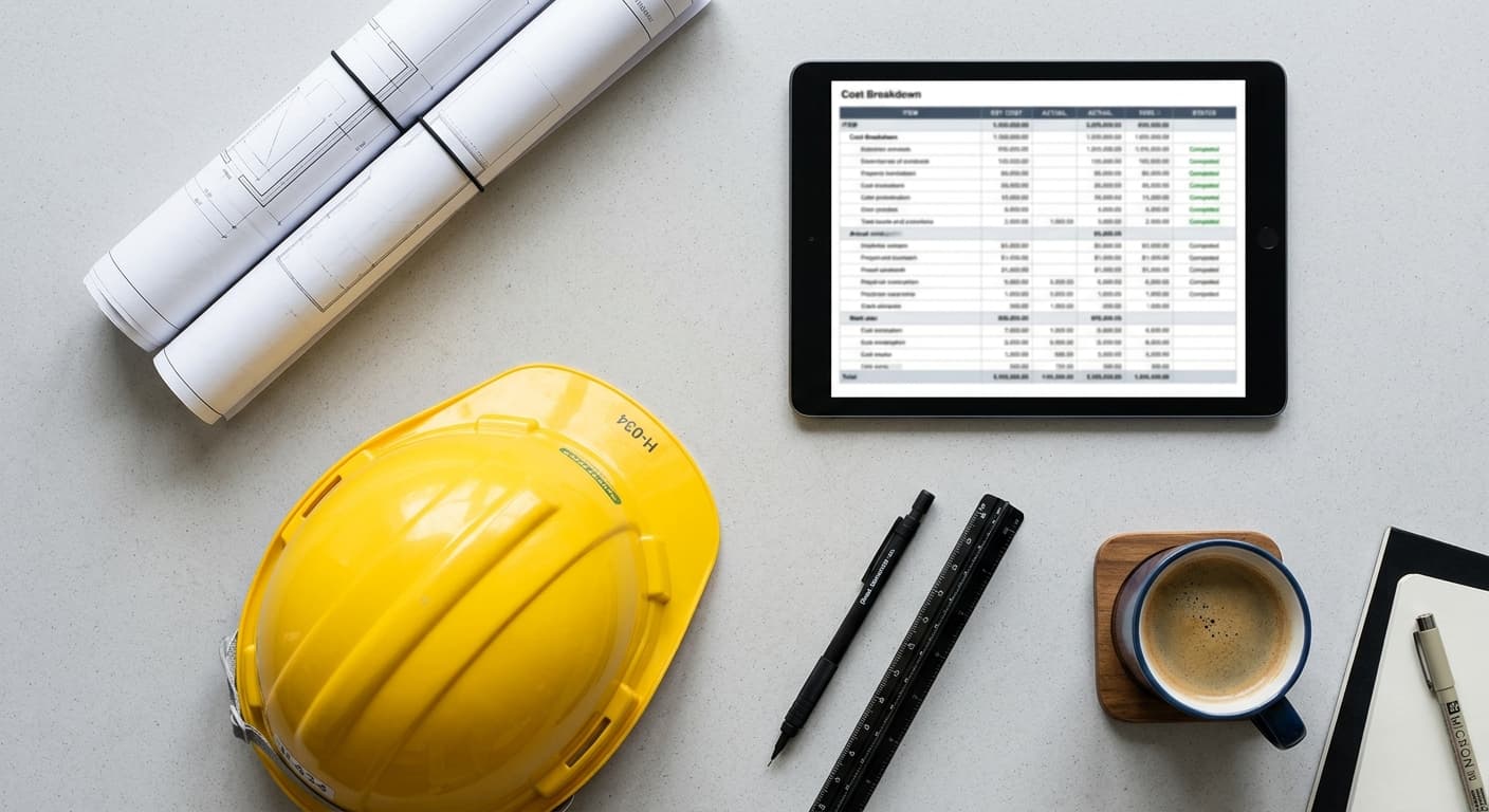 Rolled plans, a hard hat and a tablet showing a project cost breakdown
