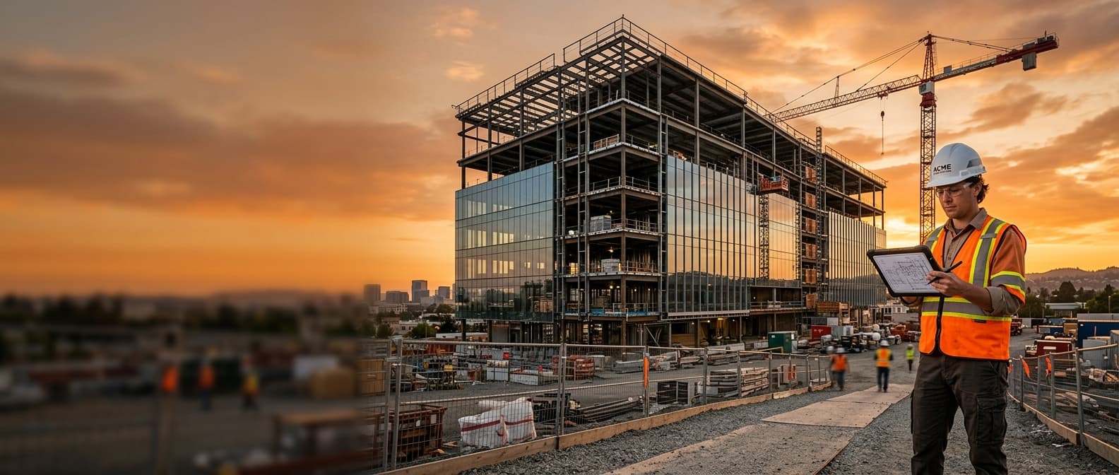 Estimator reviewing plans on a tablet in front of a steel-frame building under construction at sunset