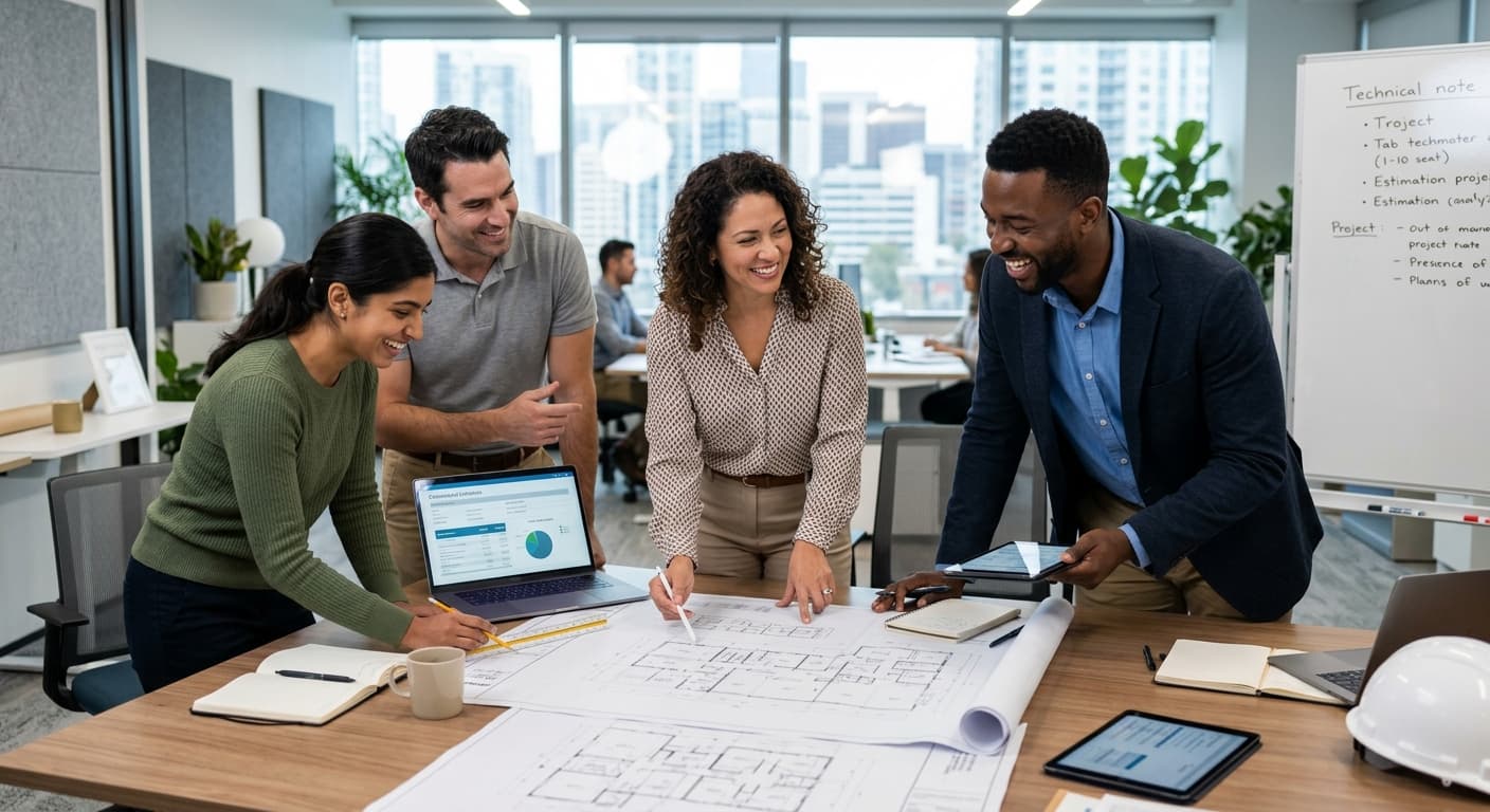 Project team gathered around construction plans at a work table