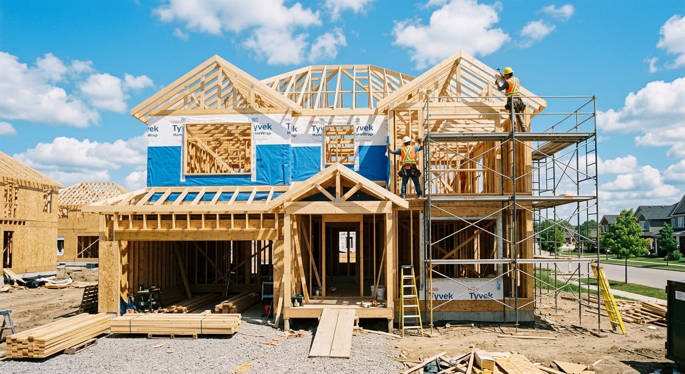 Wood-framed house under construction with scaffolding and crews at work