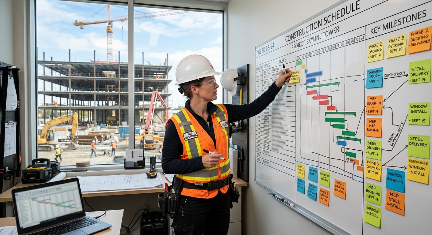 Site supervisor updating a construction schedule and milestone board