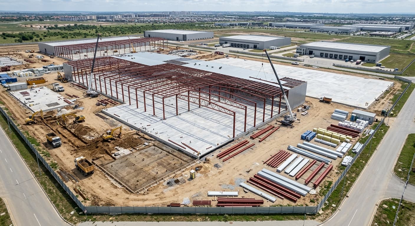 Aerial view of a steel-frame warehouse with site work and equipment underway