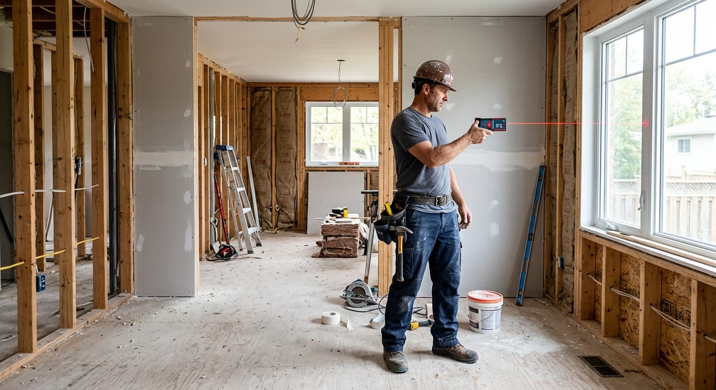 Builder measuring a framed interior with a laser distance meter