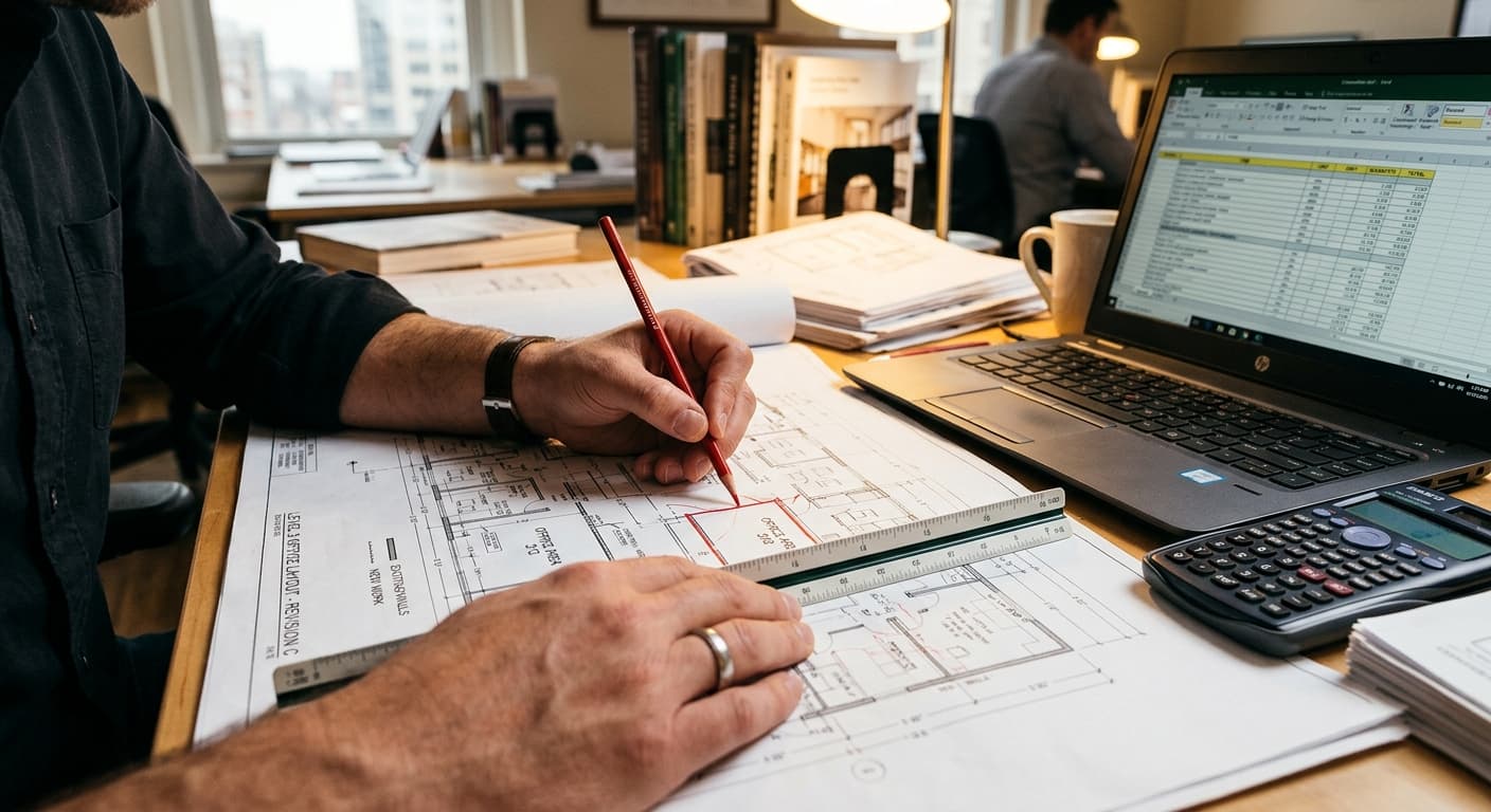 Estimator marking up floor plans with a scale ruler, laptop and calculator nearby