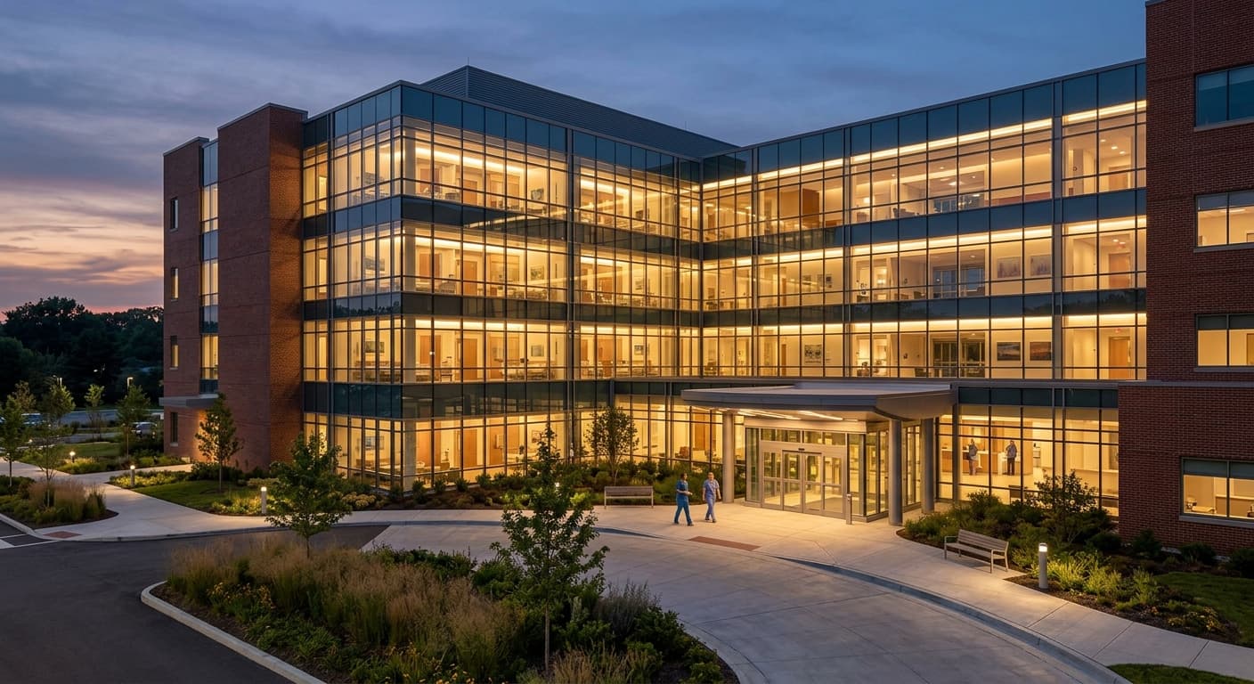 Glass and brick medical building lit from within at dusk