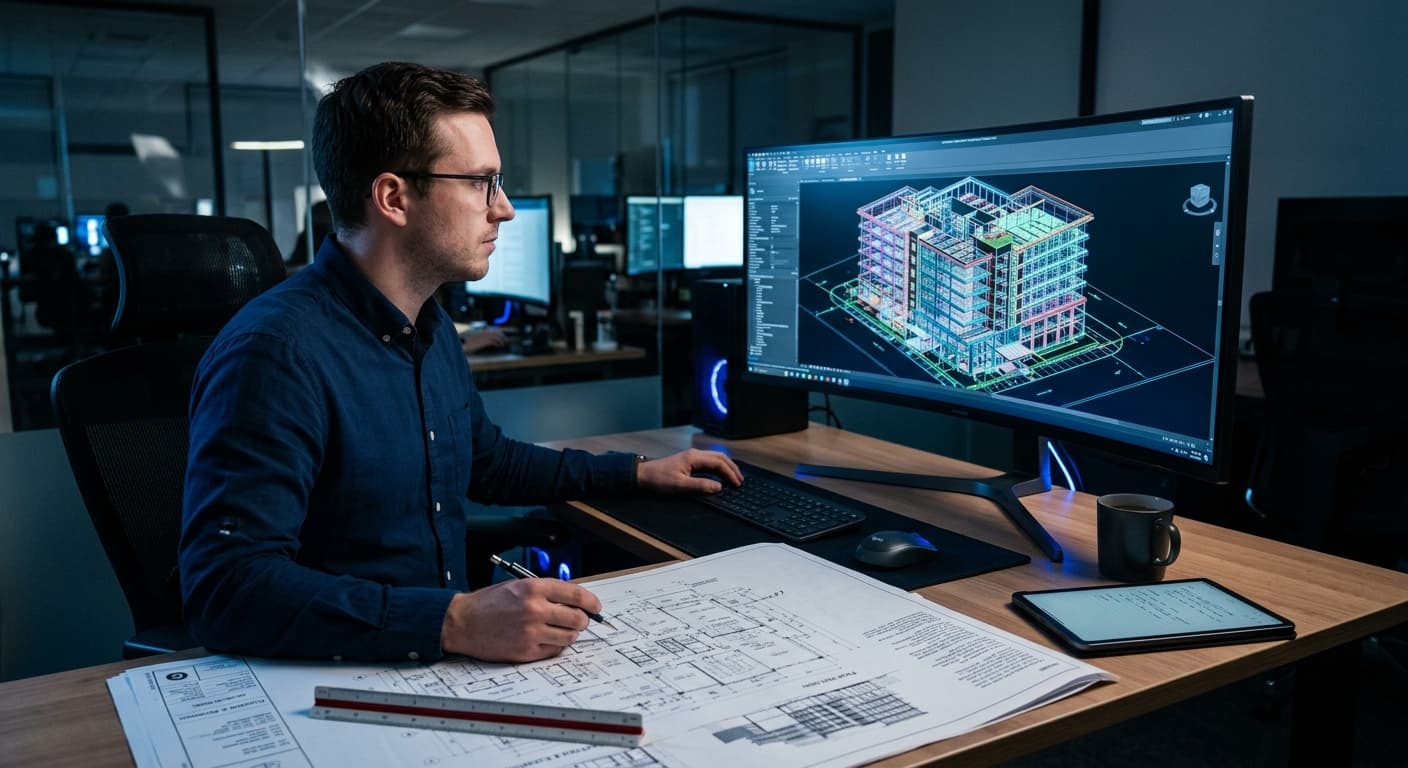 Detailer working on a 3D building model beside a set of printed drawings