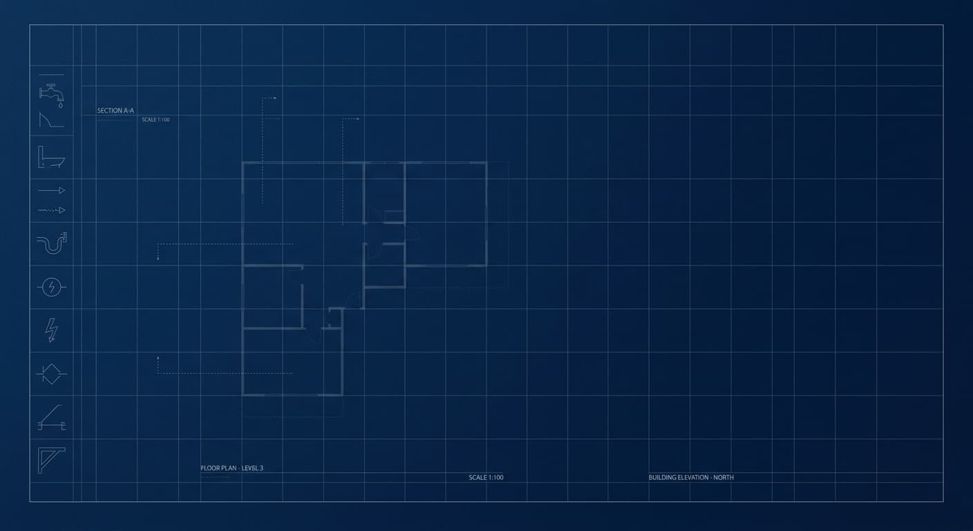 Blueprint-style drawing sheet with plumbing, electrical and mechanical symbols