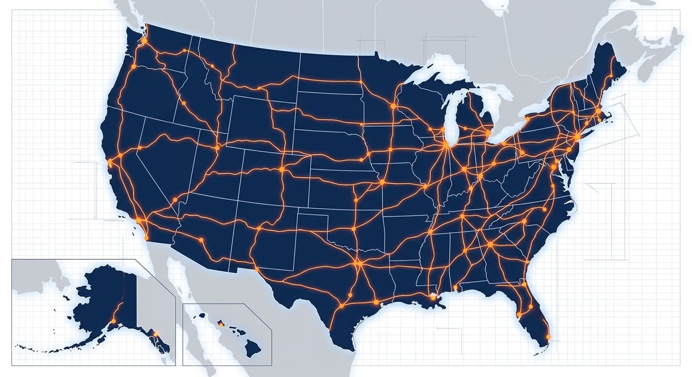 Map of the United States overlaid with glowing network lines