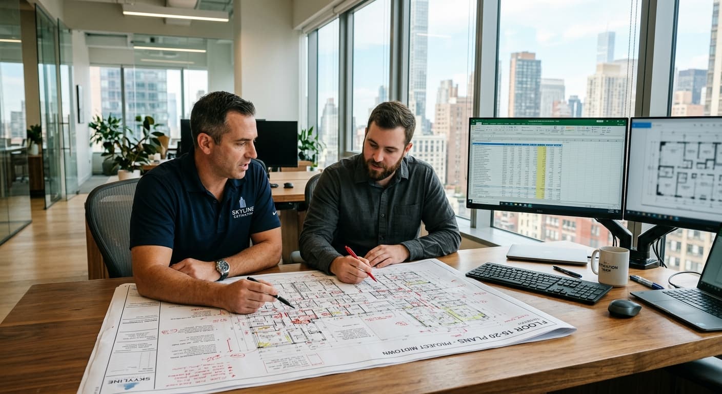 Two estimators reviewing marked-up floor plans beside a cost spreadsheet